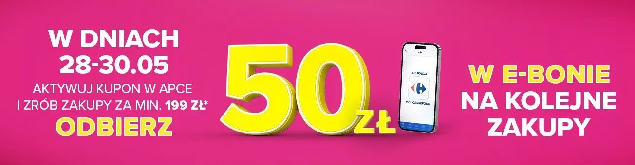 Odbierz e-Bon 50 zł na kolejne zakupy w sklepach Carrefour, MWZ 199 PLN