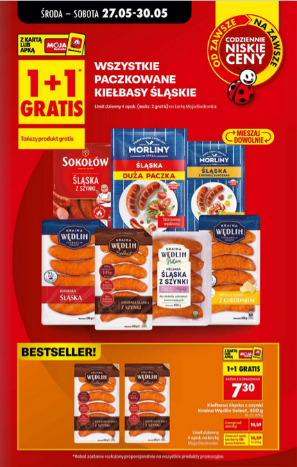 Wszystkie paczkowane kiełbasy Sląskie (1+1 GRATiS)