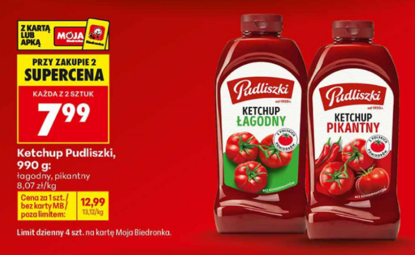 Kechup Pudliszki, 990 g, pikantny lub łagodny (cena przy zakupie 2 szt.)