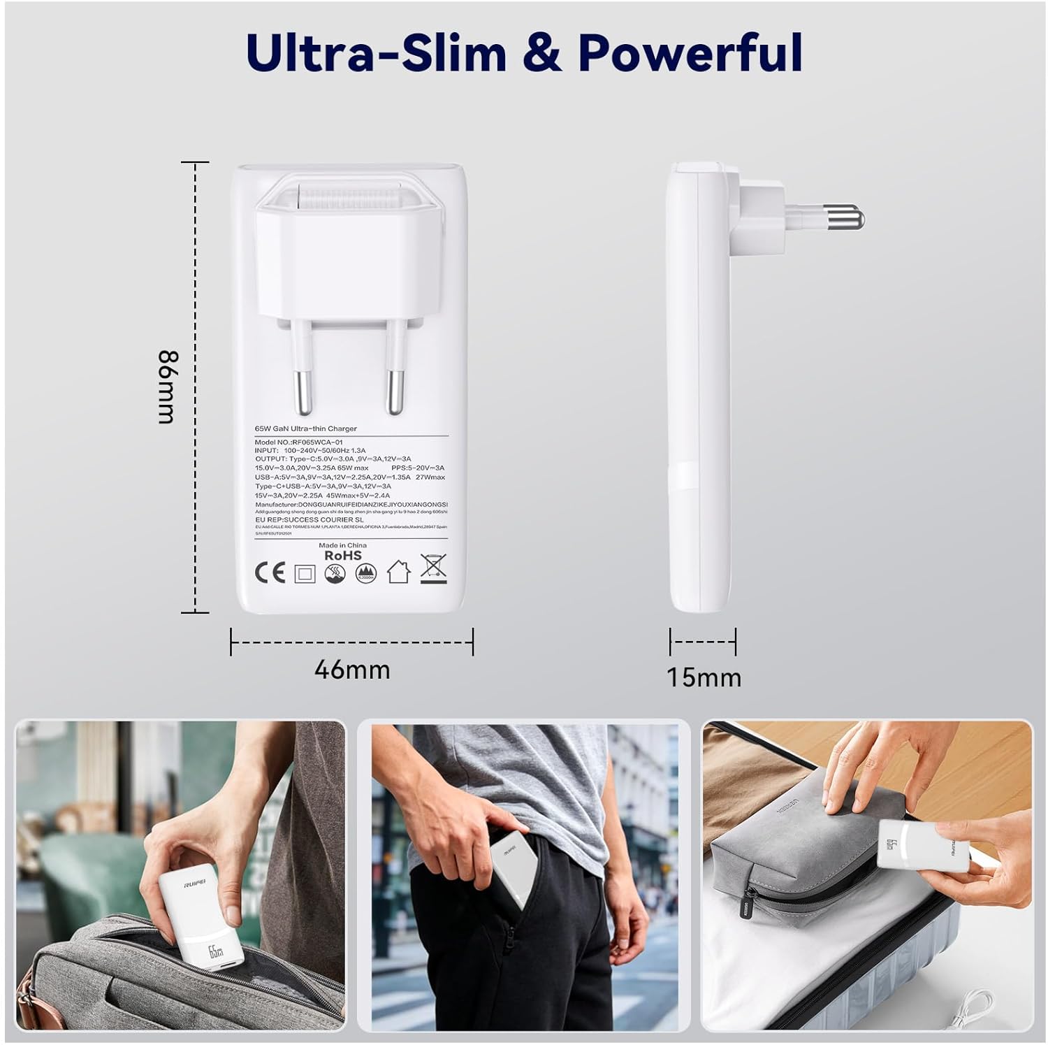Ładowarka sieciowa RUIFEI, USB-C, 65 W, ultrapłaska, składana wtyczka, GaN