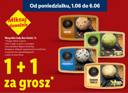 Wszystkie lody Bon Gelati, 1 L (drugie opakowania za 1 grosz)