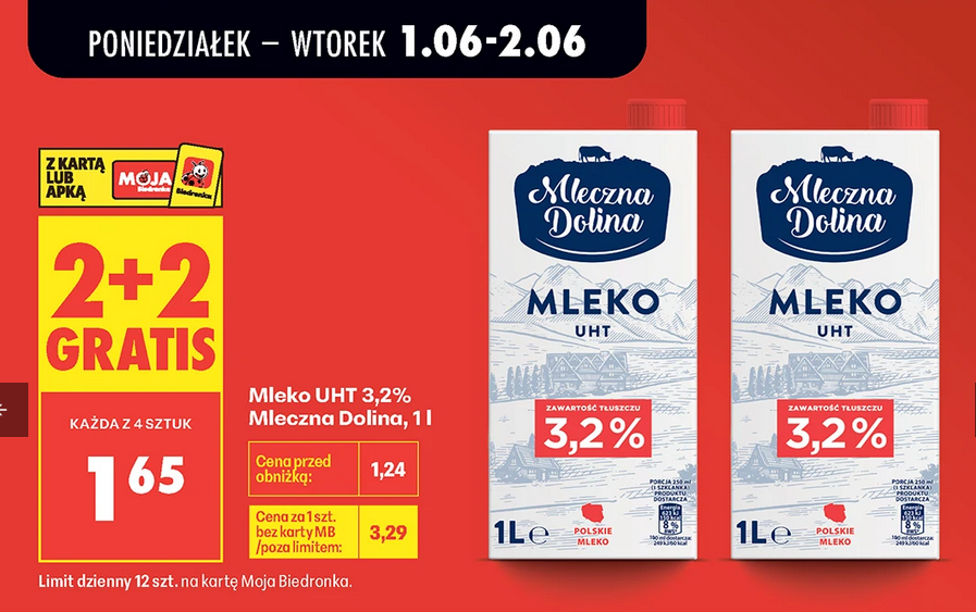 Mleko UHT 3.2% Mleczna Dolina, 1 L (2+2 GRATiS)