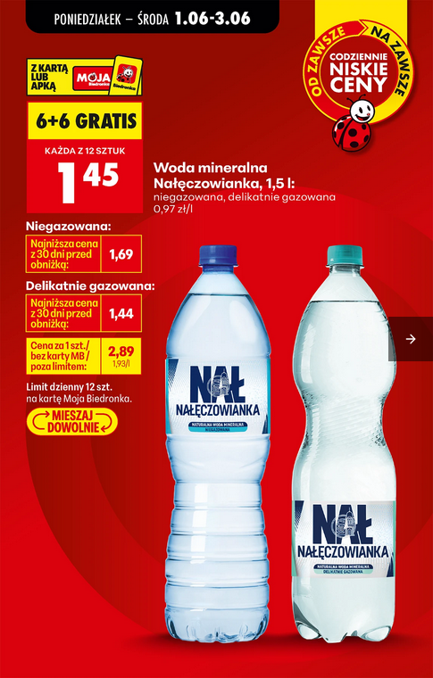 Woda mineralna Nałęczowianka niegazowana, delikatnie gazowana, 1.5 L (6+6 GRATiS)