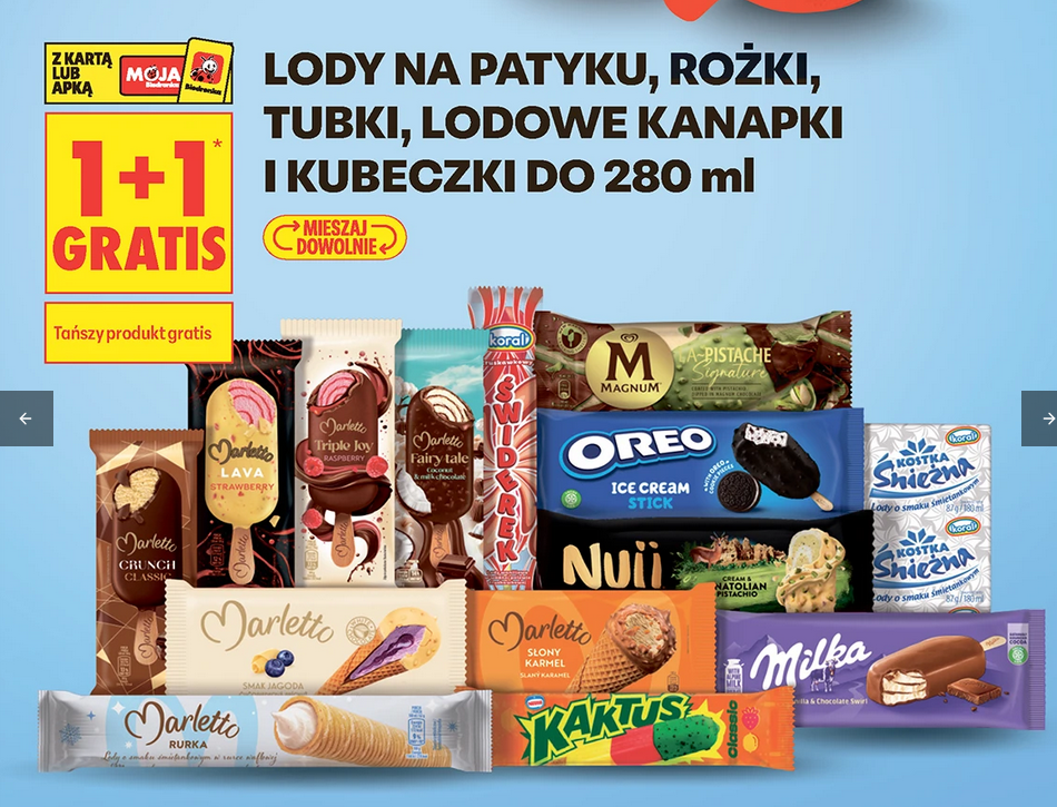 Lody na patyku, tubki, rożki, lodowe kanapki i kubeczki do 280 ML (1+1 GRATiS)