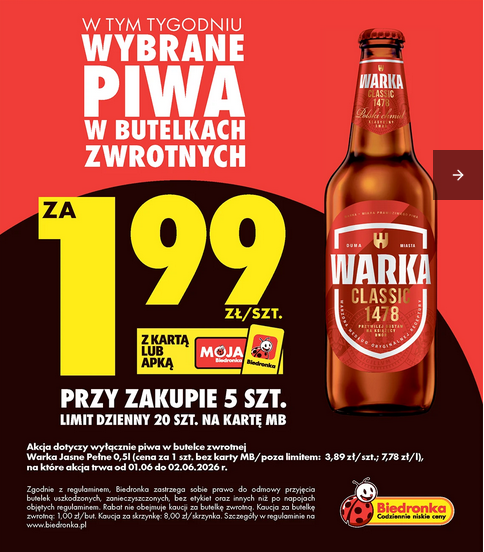 Piwo Warka Jasne Pełne, 500 ML (przy zakupie 5 butelek)
