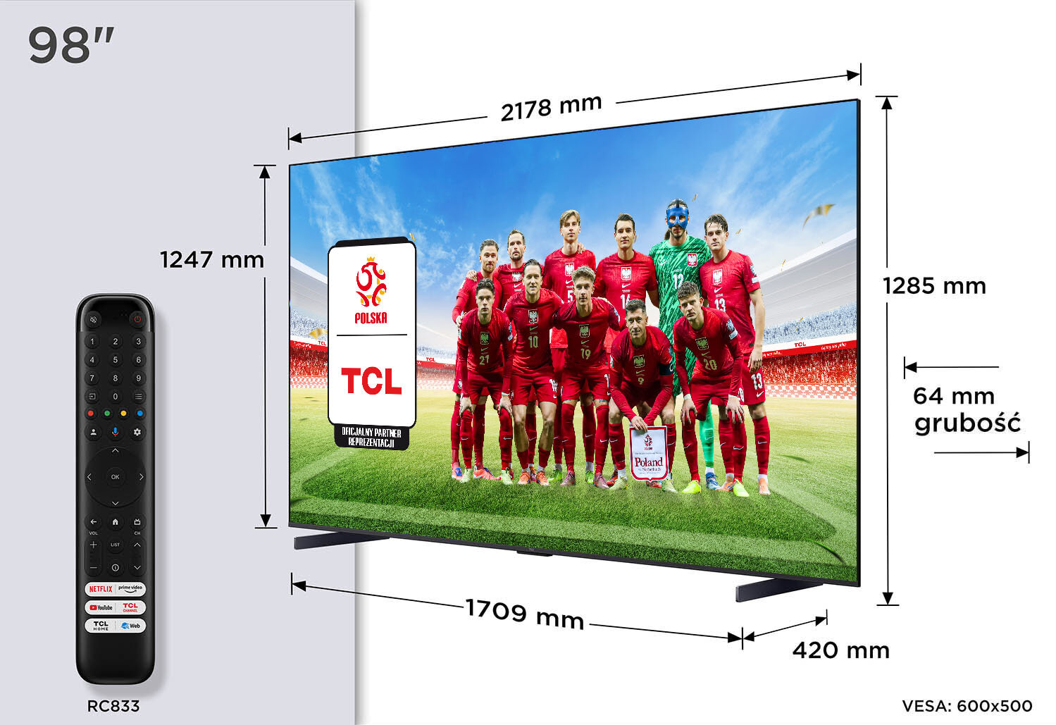 Telewizor TCL 98P89K 98" QLED 4K 144Hz Google TV Dolby Atmos Dolby Vision HDMI 2.1