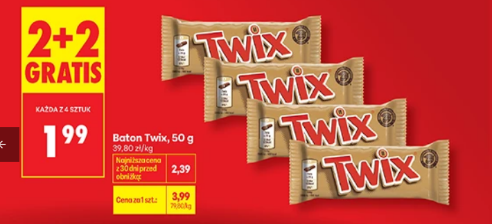 Baton Twix, 50g (2+2 GRATIS)
