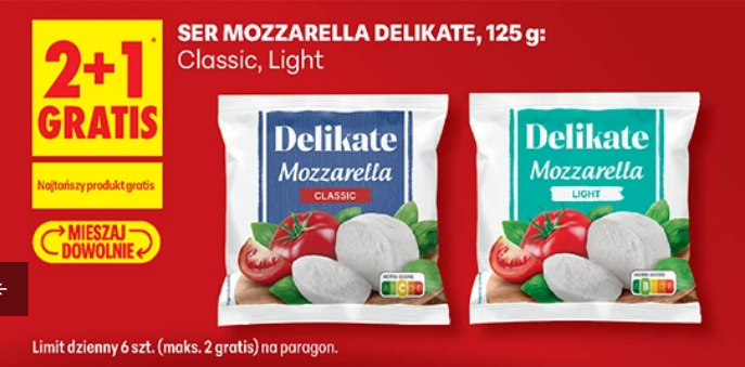 Ser mozzarella DELIKATE, 125g, classic lub light (2+1 GRATiS)