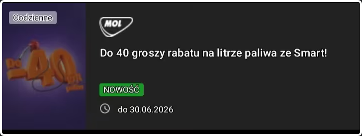 Kod rabatowy do 40 groszy rabatu na litrze paliwa na stacjach MOL od ALLEGRO SMART