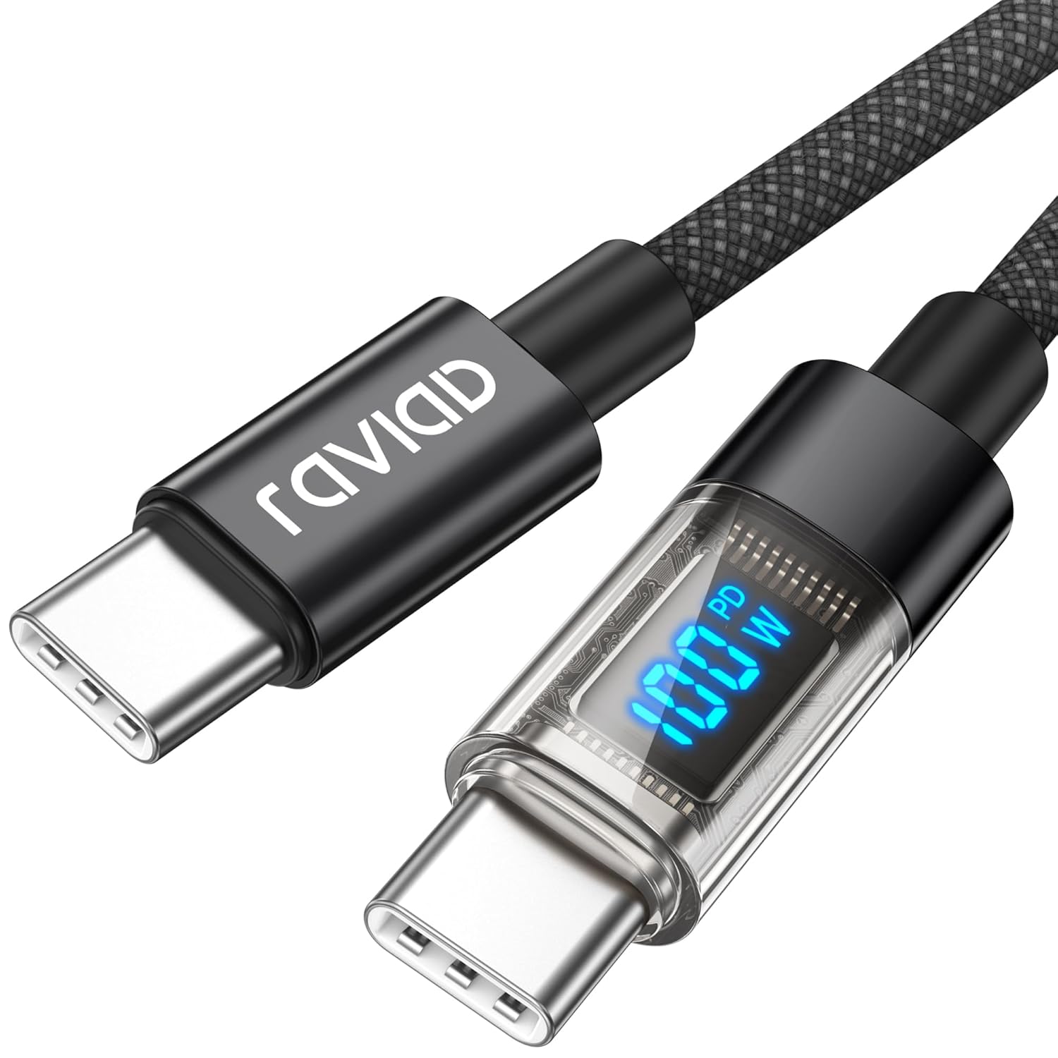RAVIAD Kabel USB C USB C, 100W, z chipem E-Mark, z wyśwetlaczem LED