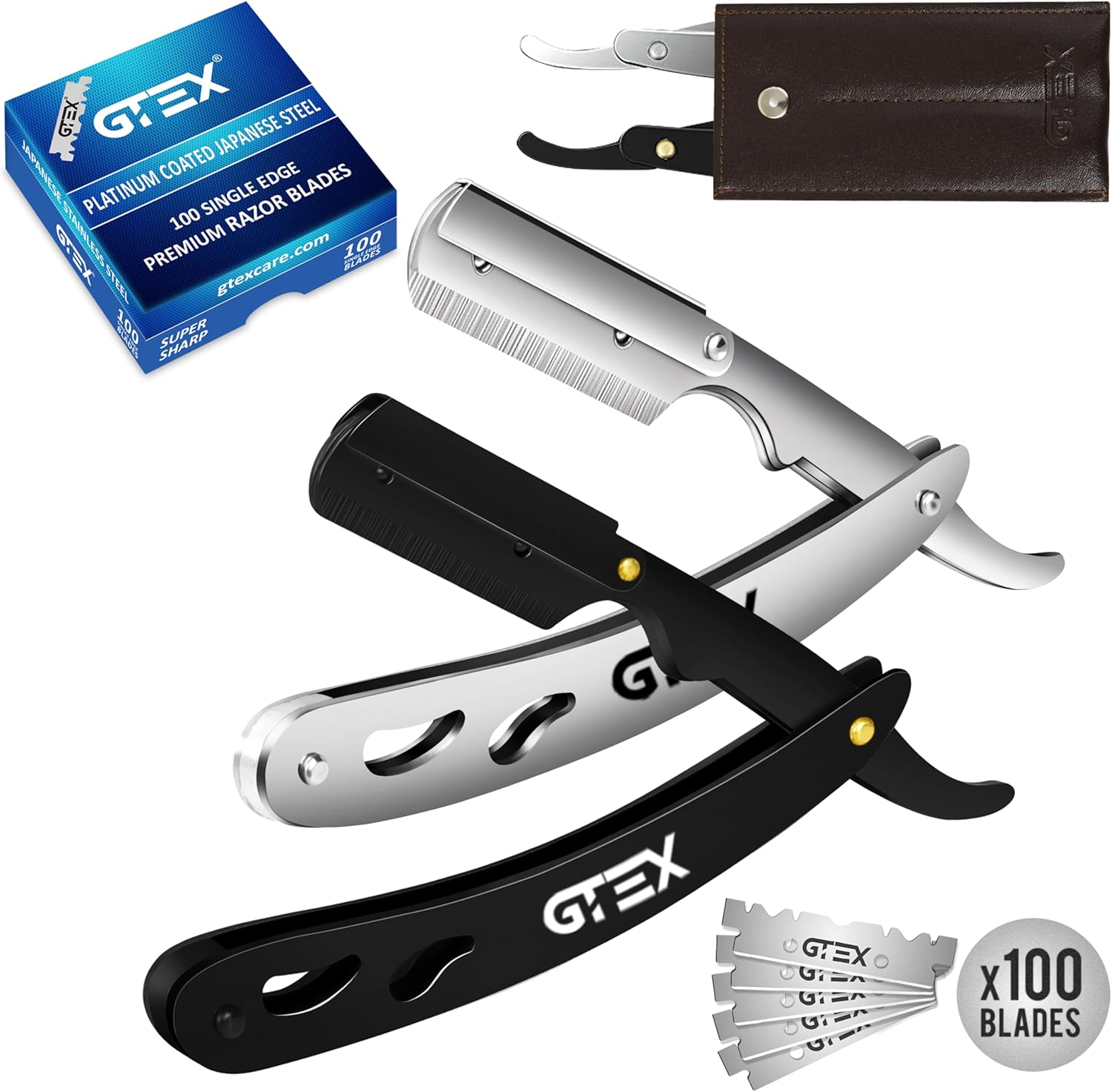 Brzytwa męska z 100 ostrzami do golenia Premium GTEX i skórzanym futerałem – 2 brzytwy i 100 ostrzami do golenia