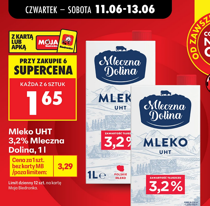 Mleko UHT 3.2% Mleczna Dolina, 1 L (przy zakupie 6 kartownów)