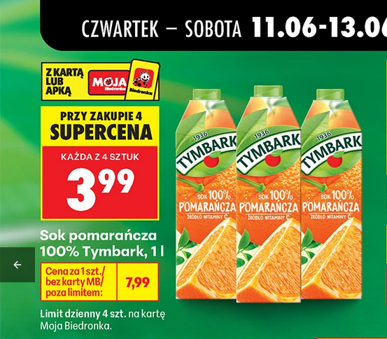 Sok pomarańcza 100% TYMBARK, 1 L (przy zakupie 4 kartonów)