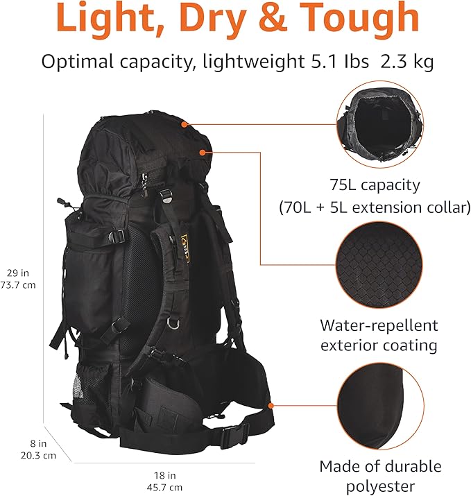 Plecak AmazonBasics ze stelażem wewnętrznym i osłoną przeciwdeszczową, 75 L