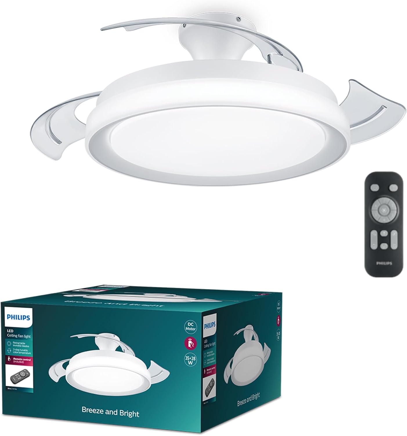 PHILIPS LED Bliss 28W Wentylator Sufitowy 35W, 2700K-4000K-5500K, Pilotem, Biały