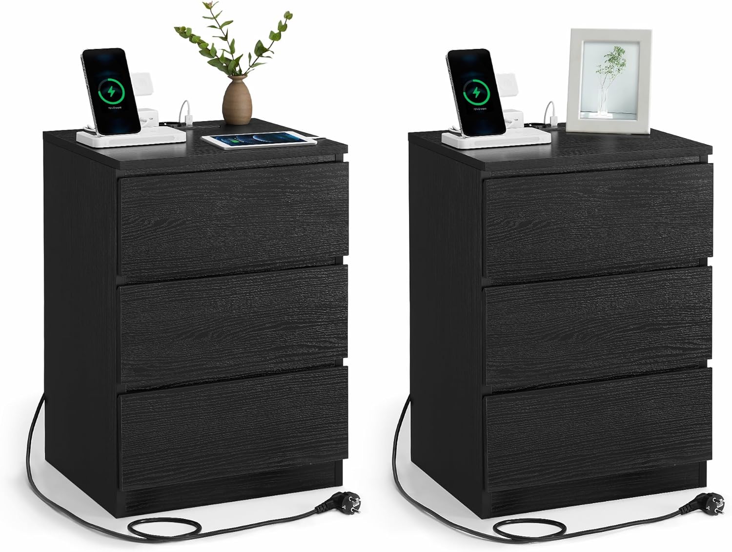 2x VASAGLE Stolik nocny, 3 szuflady, fazowana krawędź, 2 gniazda AC, 2 porty USB