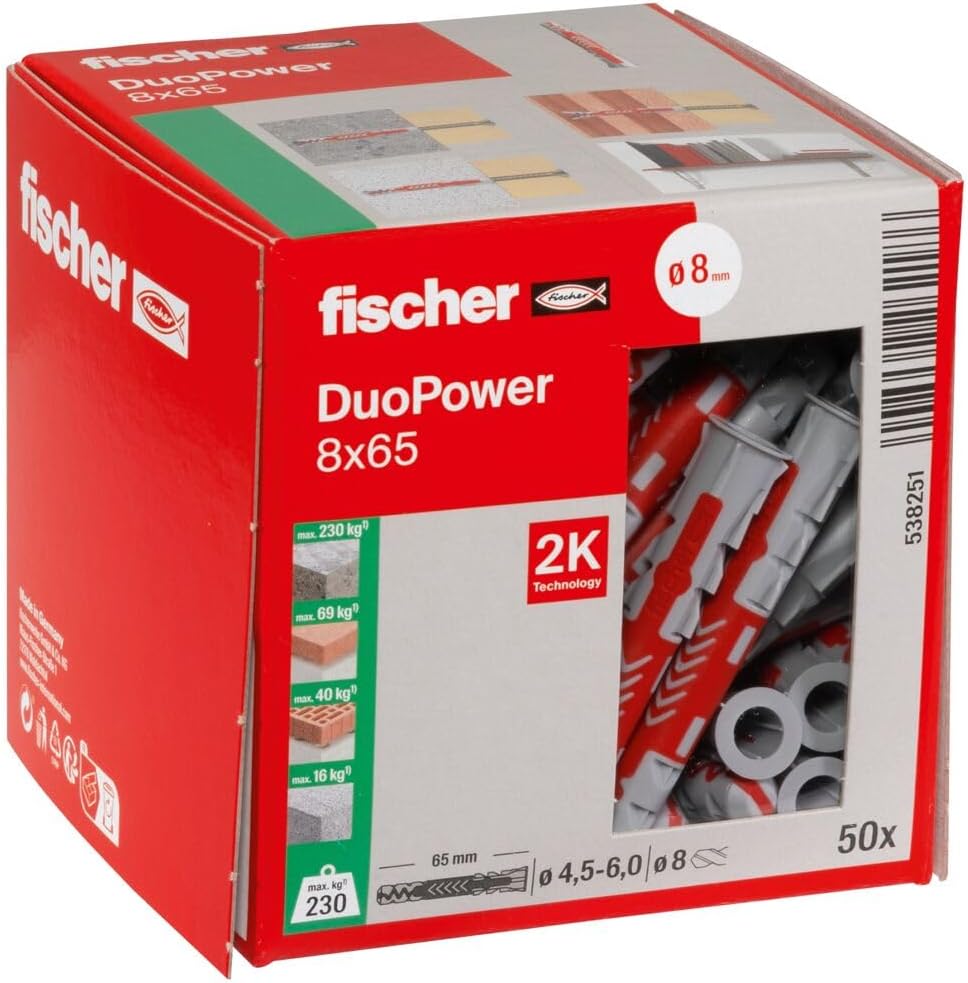 Fischer 538251 Duopower Uniwersalne Kołki do Mocowania, 8x65mm, 50 szt.