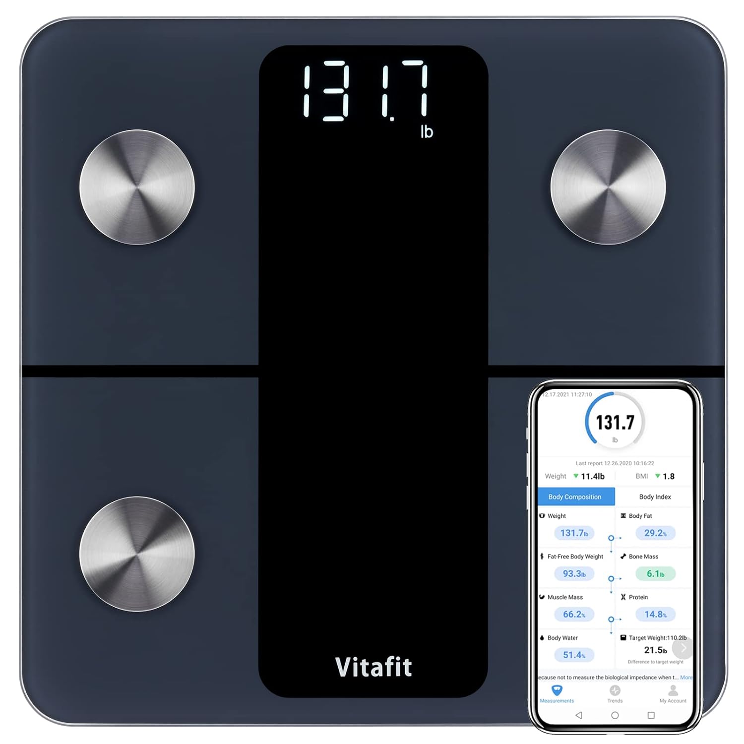 Inteligentna Waga Łazienkowa Vitafit, Sync App, BMI, 182 kg, LED, Czarny