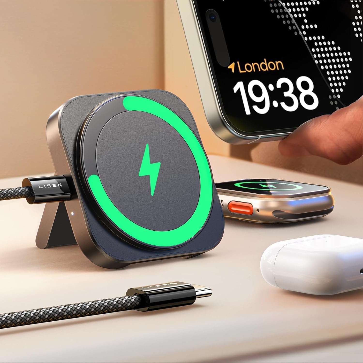 LISEN Stacja ładująca do Apple Watch i iPhone, przenośna
