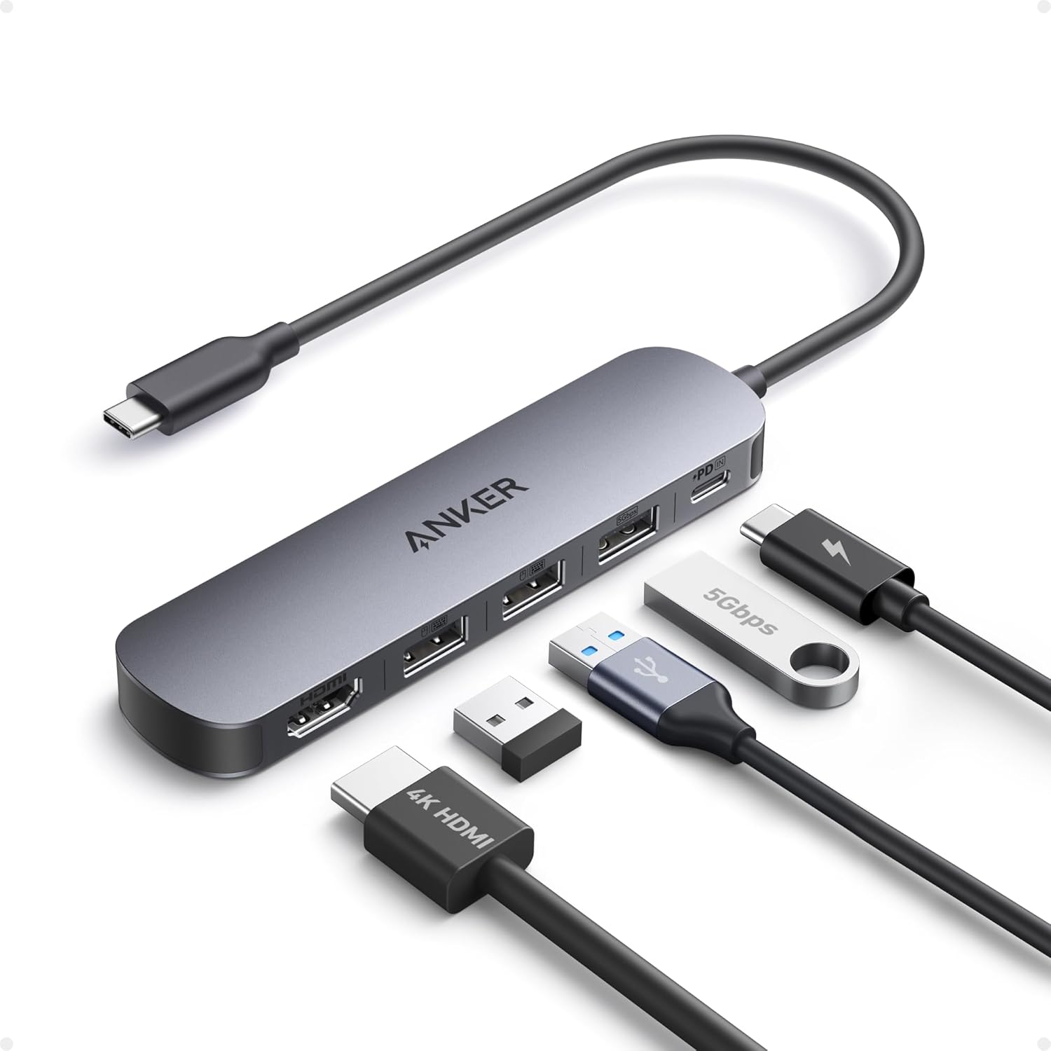 Anker USB C Hub (5-in-1), 4K @ 30Hz HDMI with 100W Max. Power Delivery, USB-C and USB-A