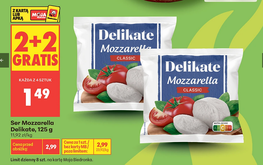 Ser Mozzarella Delikate, 125g (2+2 GRATiS)