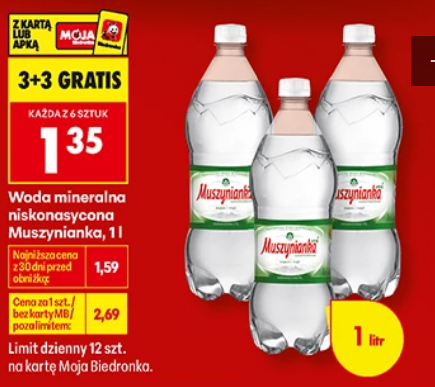 Woda mineralna niskonasycona Muszynianka, 1 L (3+3 GRATiS)