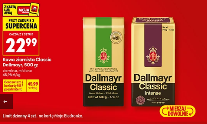 Kawa ziarnista lub mielona Dallmayr Classic i Classic Intense, 1 KG (przy zakupie 2 op.)