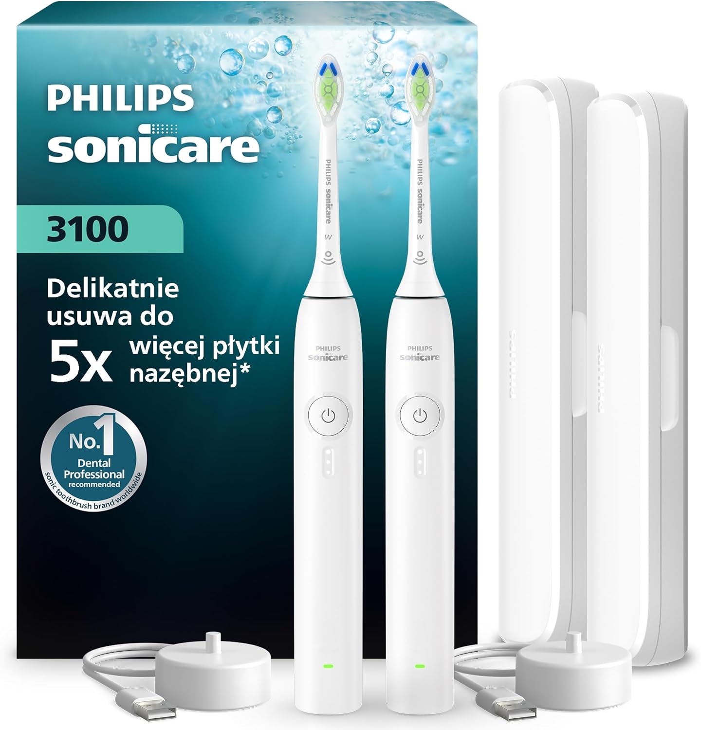 2x Szczoteczka soniczna Philips Sonicare 3100 – ze wskaźnikiem nacisku + 2 etui podróżne