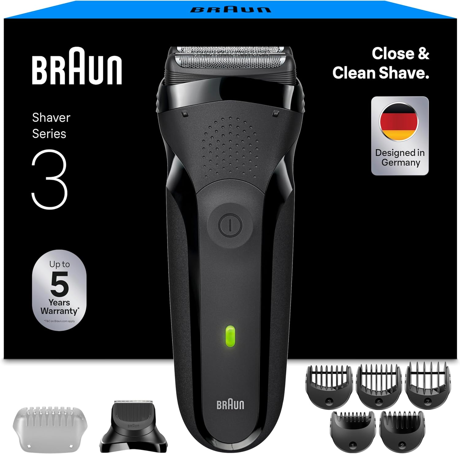 Golarka elektryczna Braun Series 3 300BT, 3 elastyczne ostrza, nasadka trymera do zarostu, 5 grzebieni