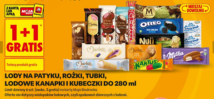 Lody na patyku, tubki, rożki, lodowe kanapki i kubeczki do 280 ML (1+1 GRATiS)