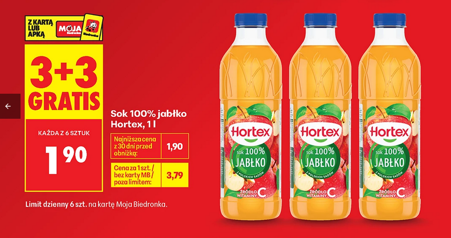 Sok 100% jabłko HORTEX, 1 L (3+3 GRATiS)