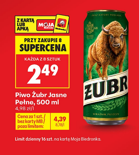 Piwo Żubr Jasne Pełne, 500 ML (przy zakupie 8 op.)