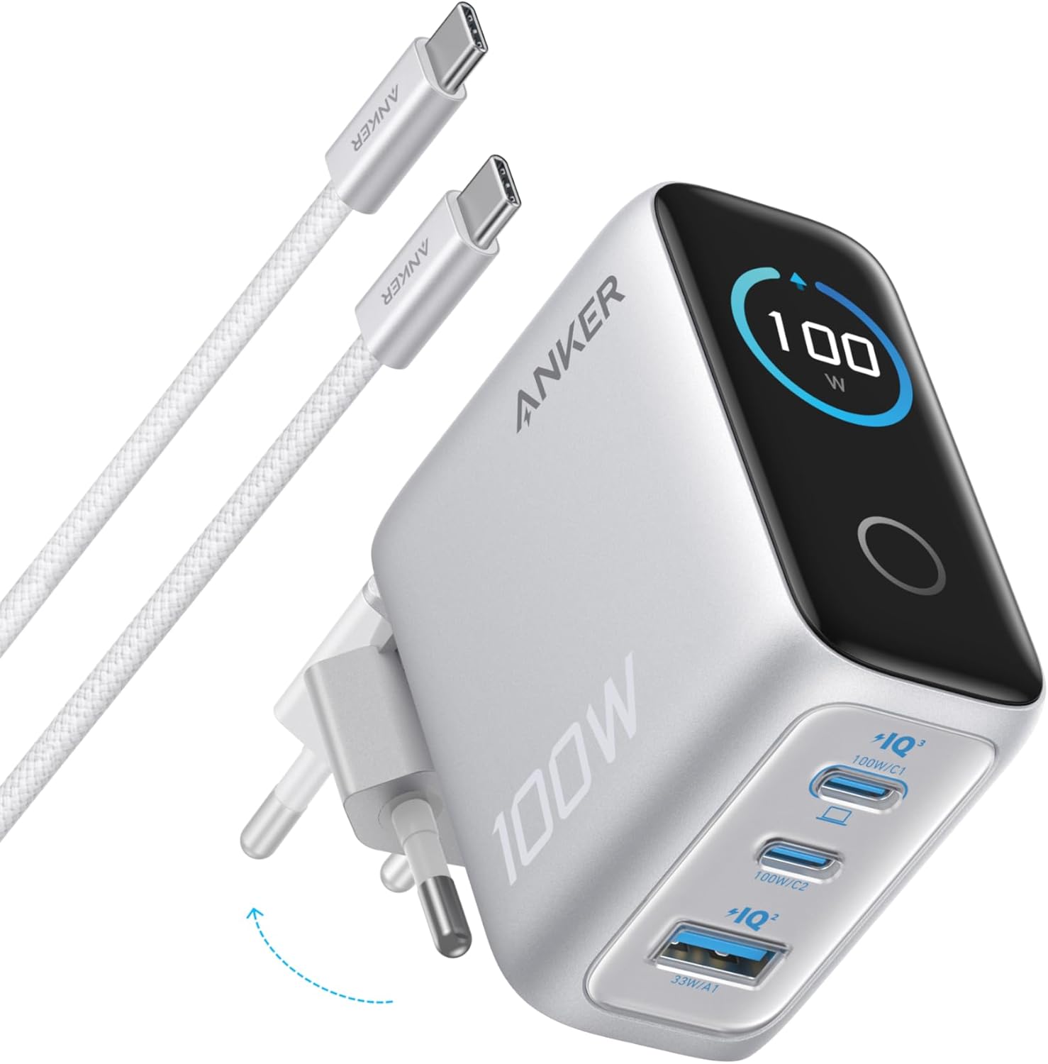 Ładowarka sieciowa Anker, 100W, 3 porty, GaN, składana + kabel USB-C na USB-C, 1.5 m (2 wersje kolorystyczne)