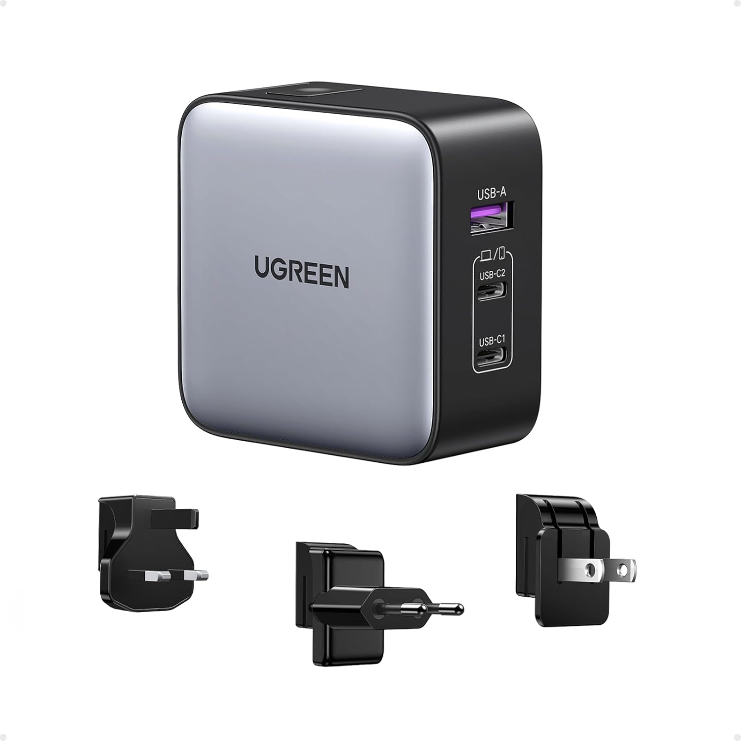 Ładowarka podróżna USB-C UGREEN, 65W, 3 porty, GaN + wymienne wtyczki US/UK/EU