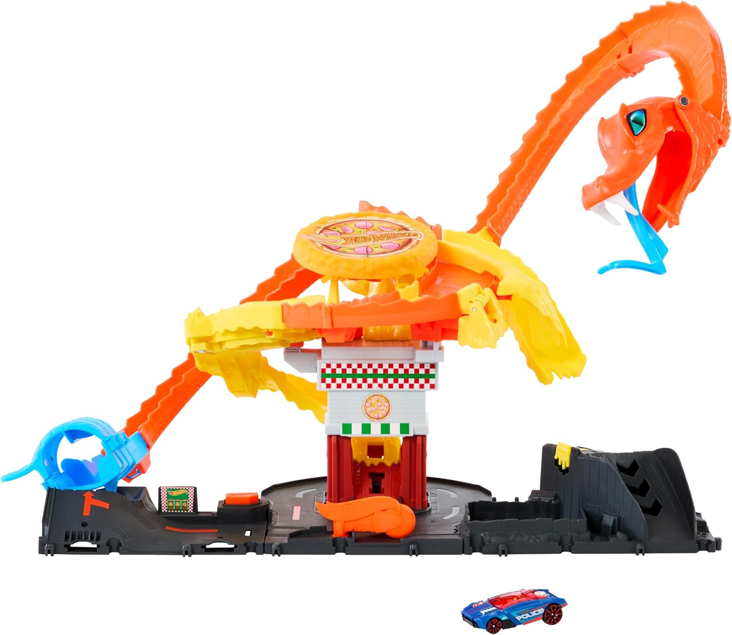 Hot Wheels City Let's Race Zestaw ze spiralnym torem w kształcie ogona kobry i autkiem w skali 1:64, HTN81