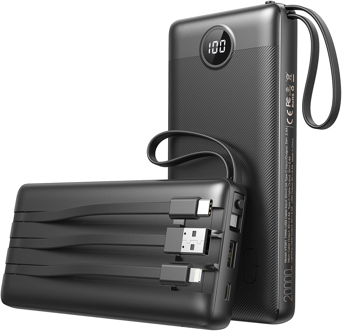 VEEKTOMX Power Bank 20000mAh z wbudowanymi kablami