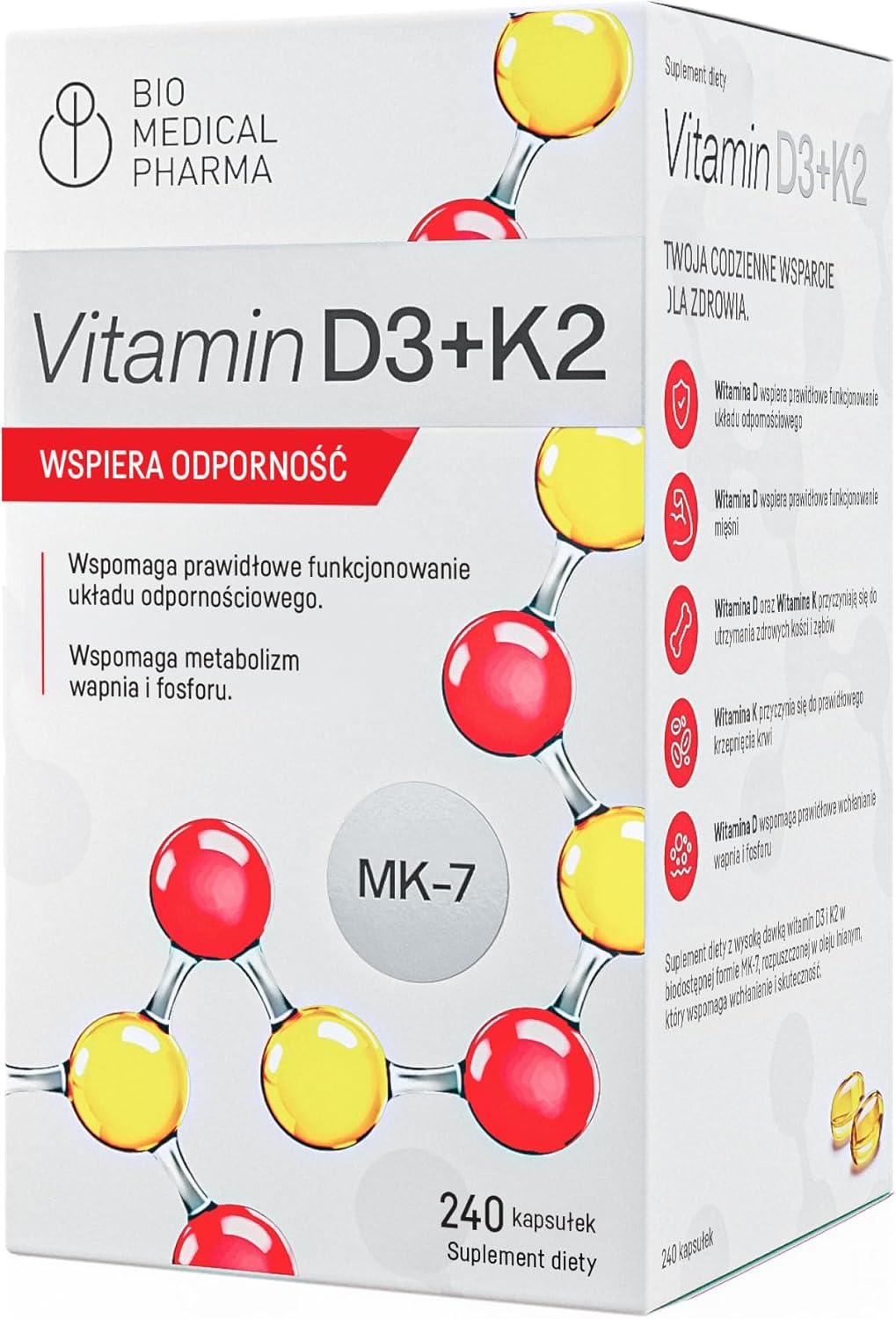 Witamina D3 K2 Wysoka Dawka 5000 IU – 240 Kapsułek Softgel – K2 MK-7 All-Trans 100 µg