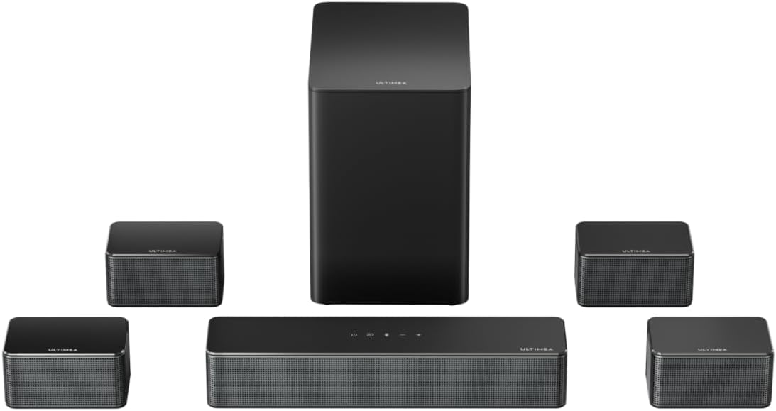 ULTIMEA 7.1 system dźwięku przestrzennego, sterowanie aplikacją, soundbar z subwooferem i 4 głośnikami surround, 6,5" Poseidon D70