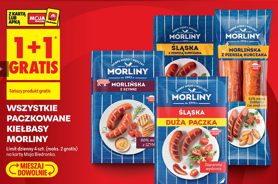 Wszystkie paczkowane kiełbasy MORLINY (1+1 GRTAiS)
