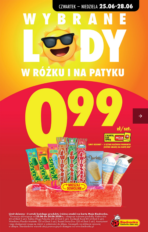 Wybrane lody w rożku i na patyku (Marletto, Diuna, Koral, Kaktus)
