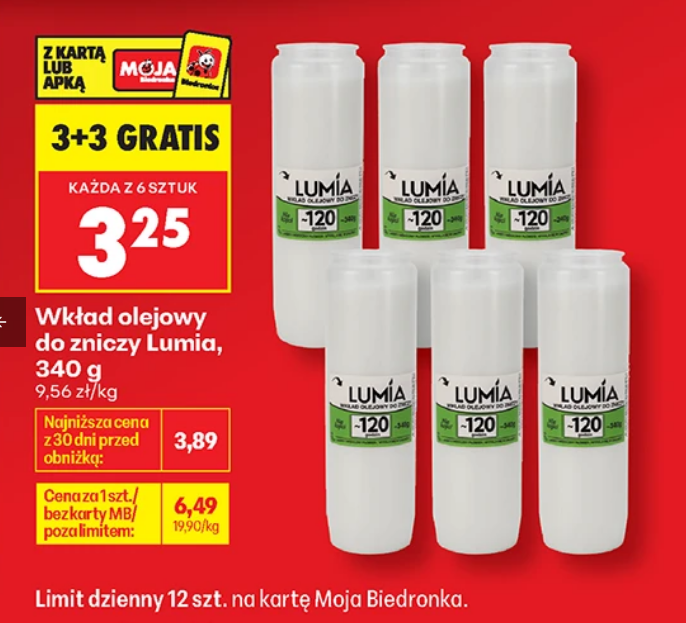 Wkład olejowy do zniczy LUMiA, 340g, 120 godzin palenia się (3+3 GRATiS)