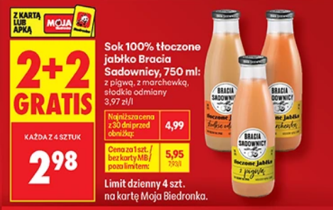 Sok 100% tłoczone jabłko Bracia Sadownicy, 750 ml, różne rodzaje (2+2 GRATIS)