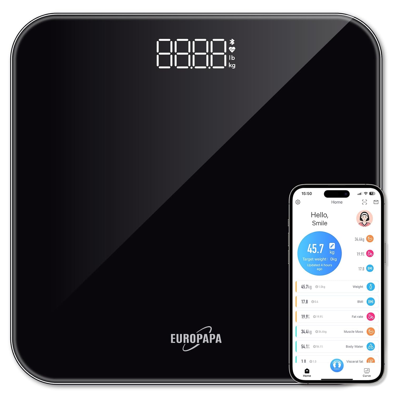 EUROPAPA® Cyfrowa Waga łazienkowa, z wyświetlaczem LED, Step-On, 180 kg (biała lub czarna)