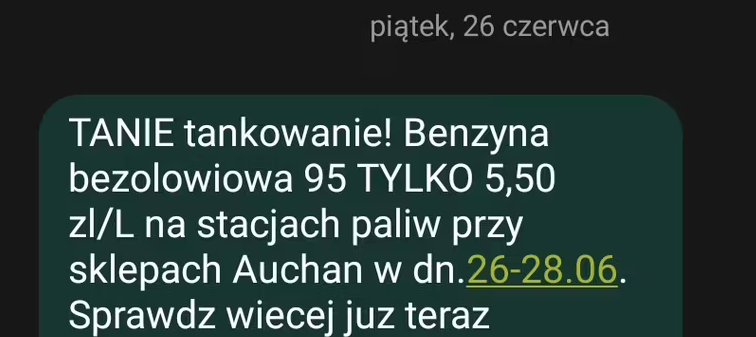 Benzyna PB95, 1 litr - na stacjach AUCHAN