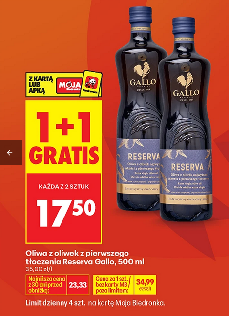 Oliva z oliwek z pierwszego tłoczenia Reserva Gallo, 500 ML (1+1 GRATIS)