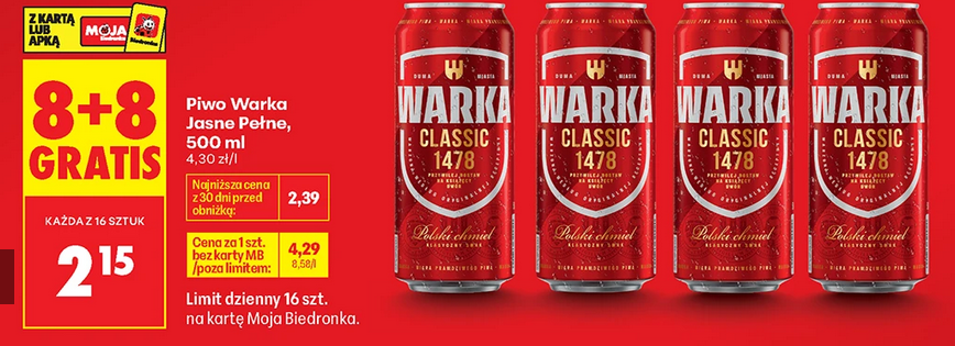 Piwo Warka Classic 1478, Jasne Pełne, 500 ML (8+8 GRATIS)