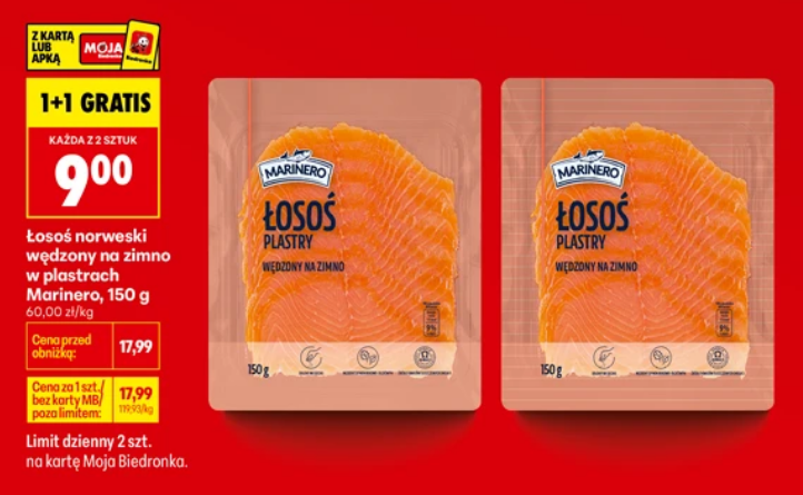 Łosoś norweski wędzony na zimno w plastrach Marinero, 150g (1+1 GRATIS)
