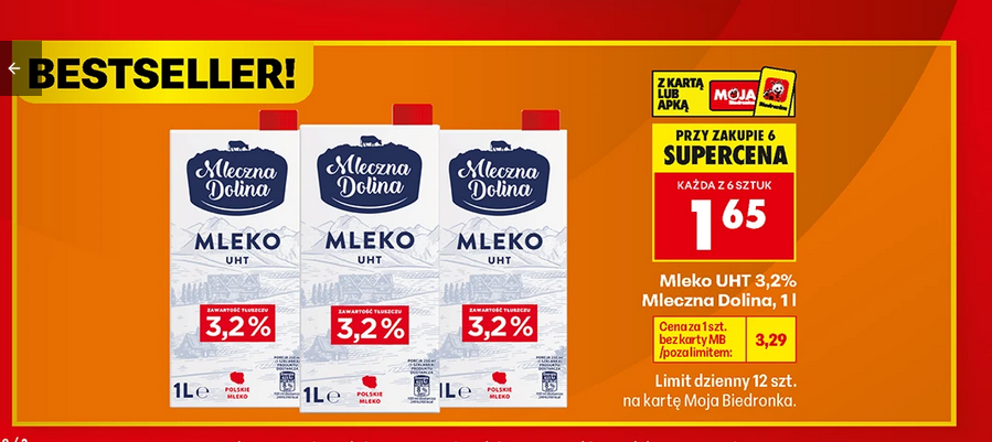 Mleko UHT 3.2% Mleczna Dolina, 1 L (3+3 GRATIS)