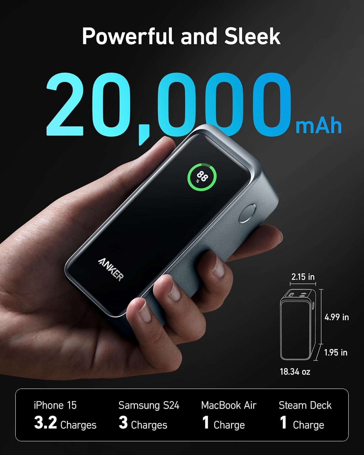 Anker Prime Powerbank, 20 000 mAh, 200W, wyswietlacz cyfrowy, 2xUSB-Ci 1x port USB-A, czarny