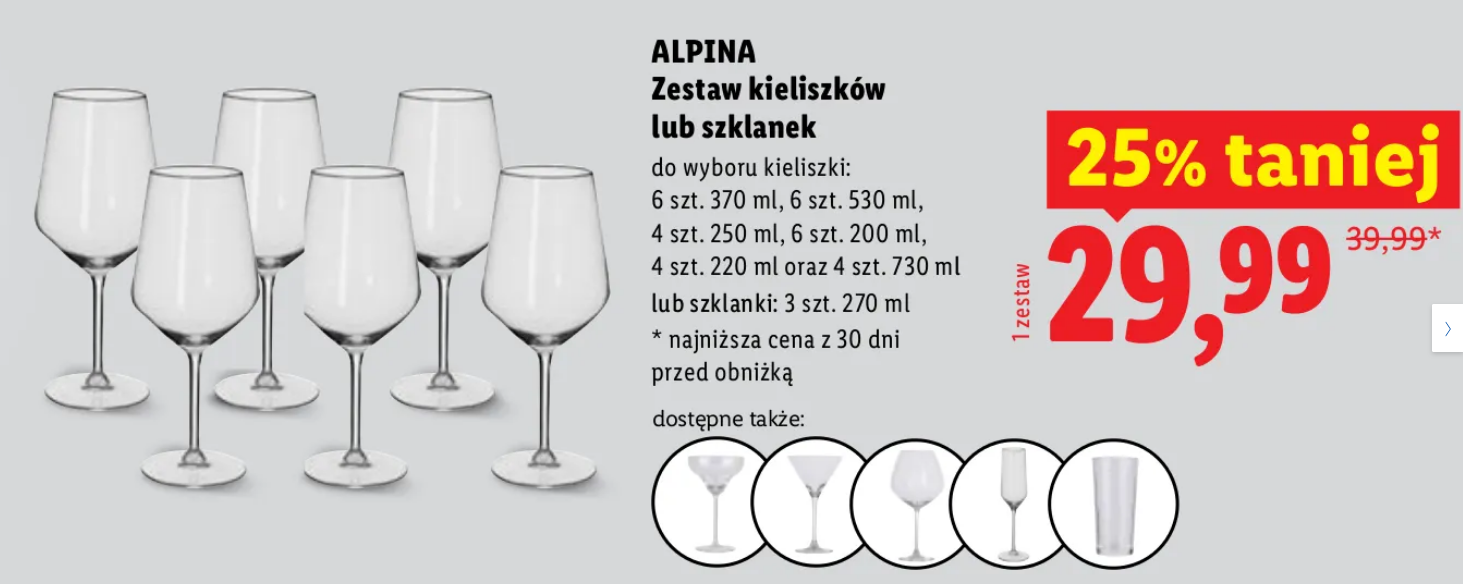 ALPINA, zestaw kieliszków lub szklanek, 4-6 szt. (różne rodzaje)